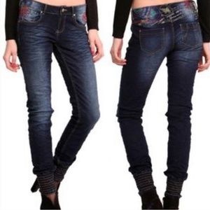 Desigual Dark Blue Cropped Ankle Jeans with Multicolor Waistband